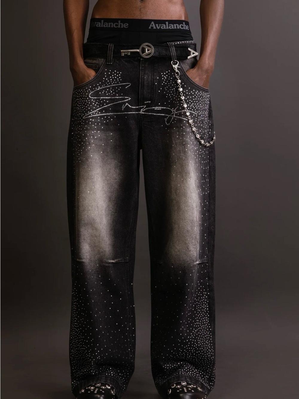 Avalanche Black Washed Relaxed Wide-Leg Jeans with Stud Embellishments